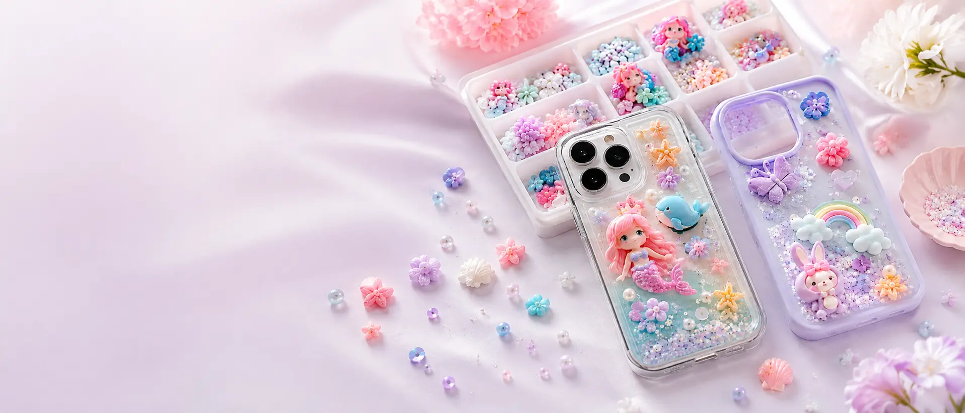 Wide banner showing pastel slime charm assortments and decorative accessories for B2B wholesale