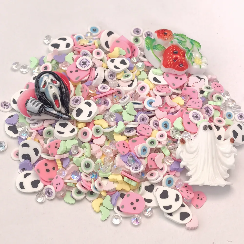 Pink Halloween Ghost & Fruit Slime Charm Mix loose assortment on a light background, product code SLM10002 thumbnail