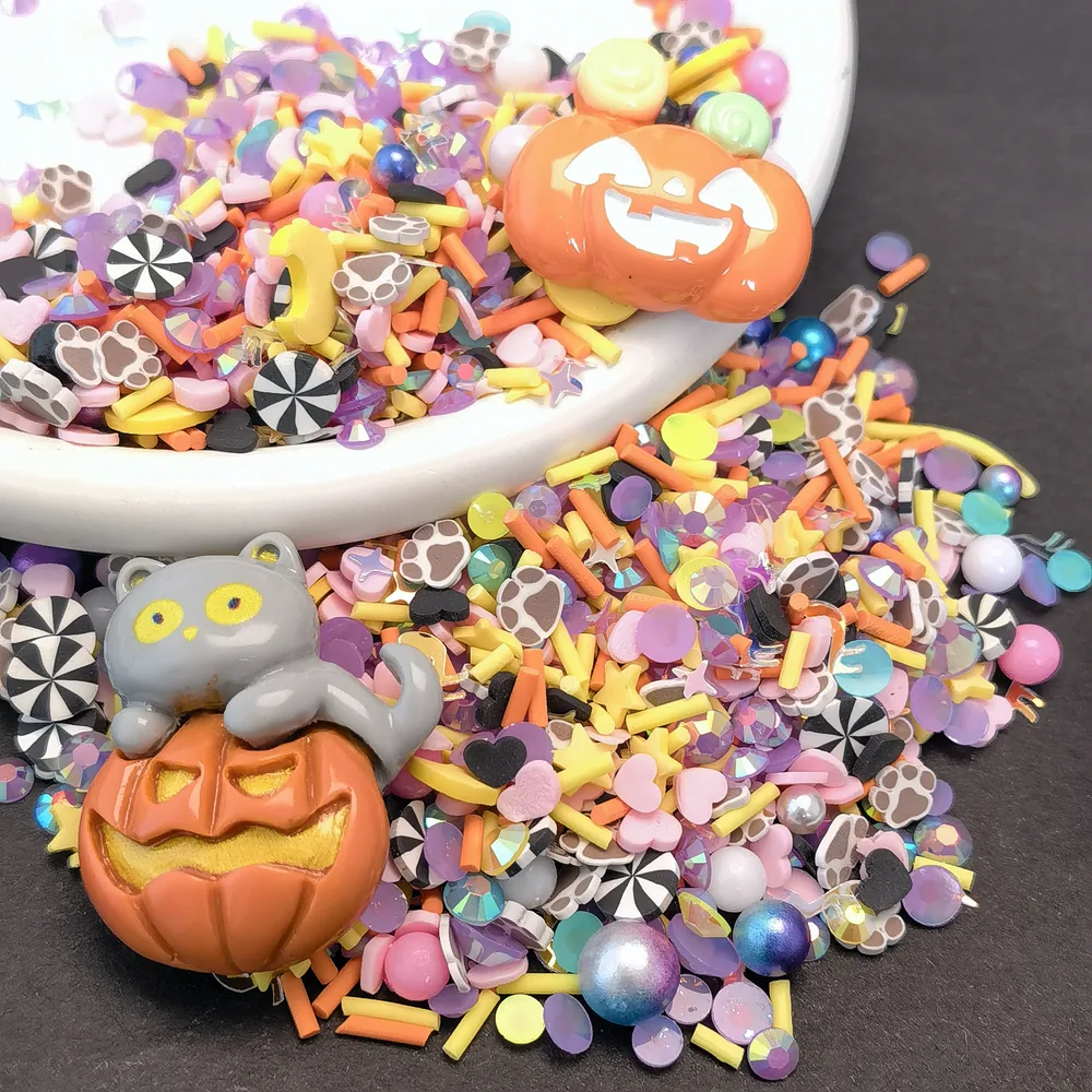 Halloween Pumpkin & Cat Slime Charm Mix dark-background close-up, product code SLM10014 thumbnail