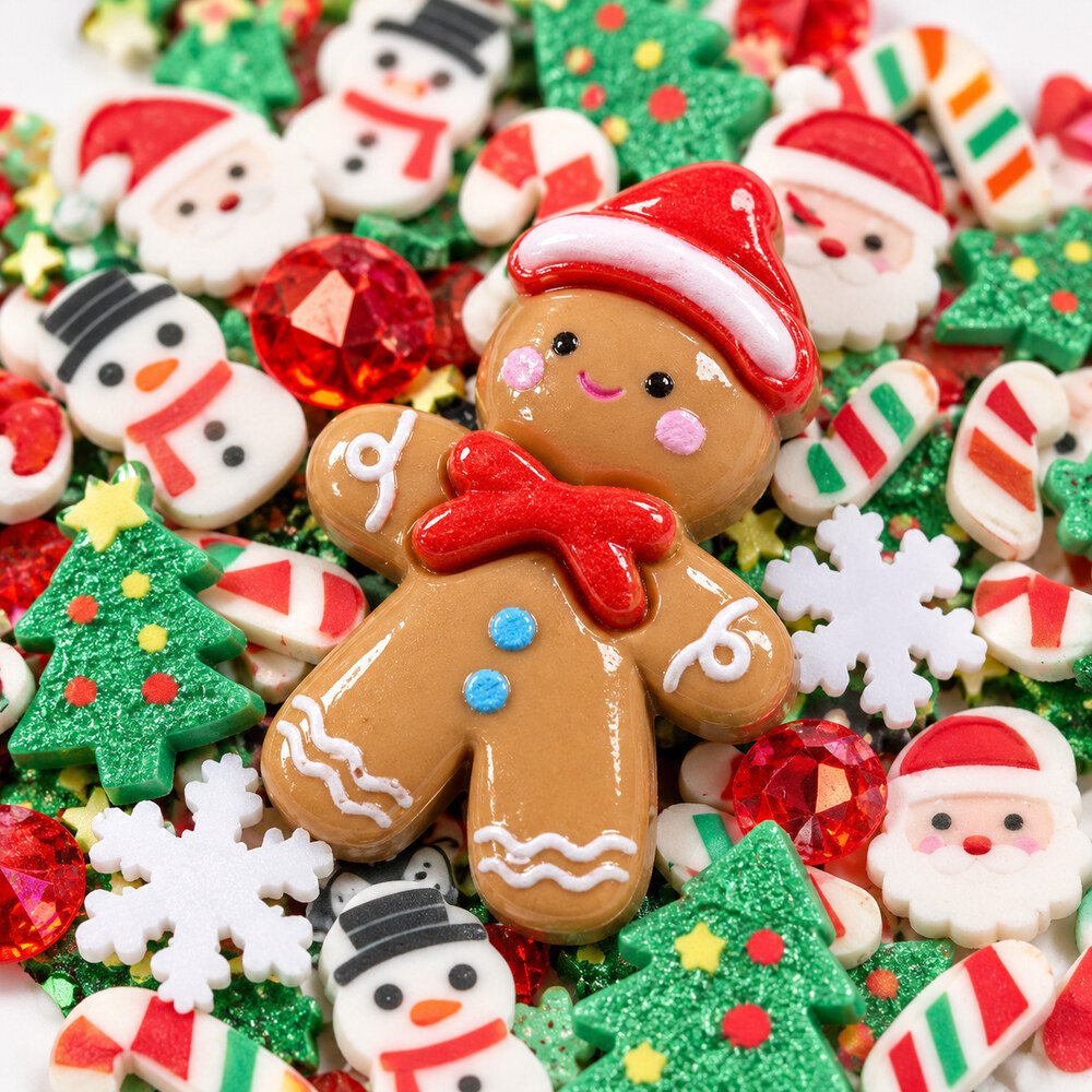 Christmas polymer clay sprinkles and resin gingerbread charm mix, product code SLM26529, material and detail image thumbnail