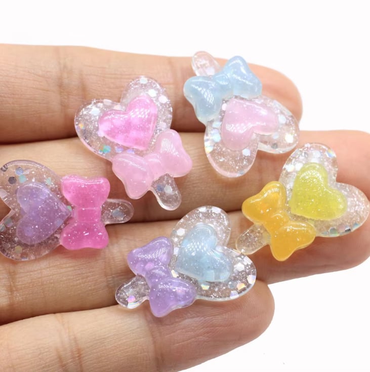 Glitter Heart and Bow Resin Flatbacks Wholesale assortment, product code RW2041