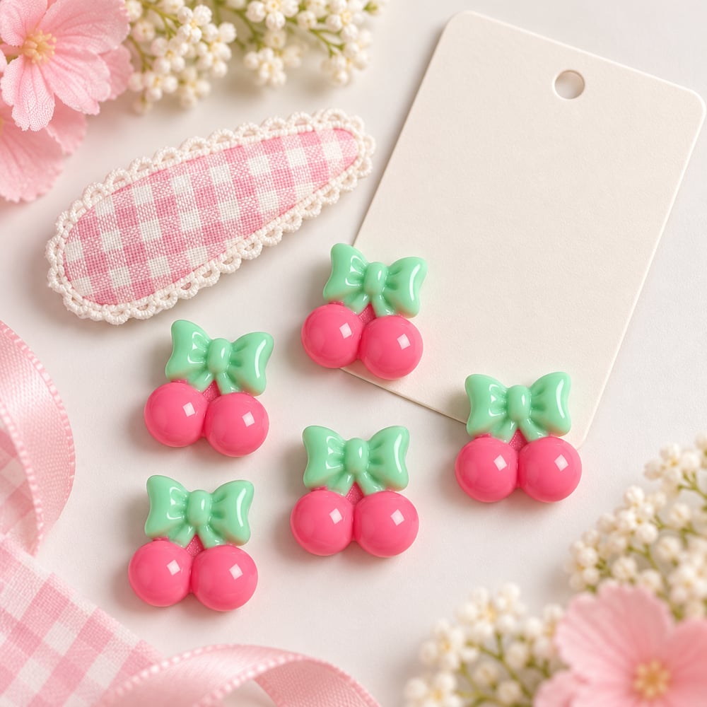 Pastel Cherry Resin Flatback Charms styled scene illustration, product code RW26828 thumbnail