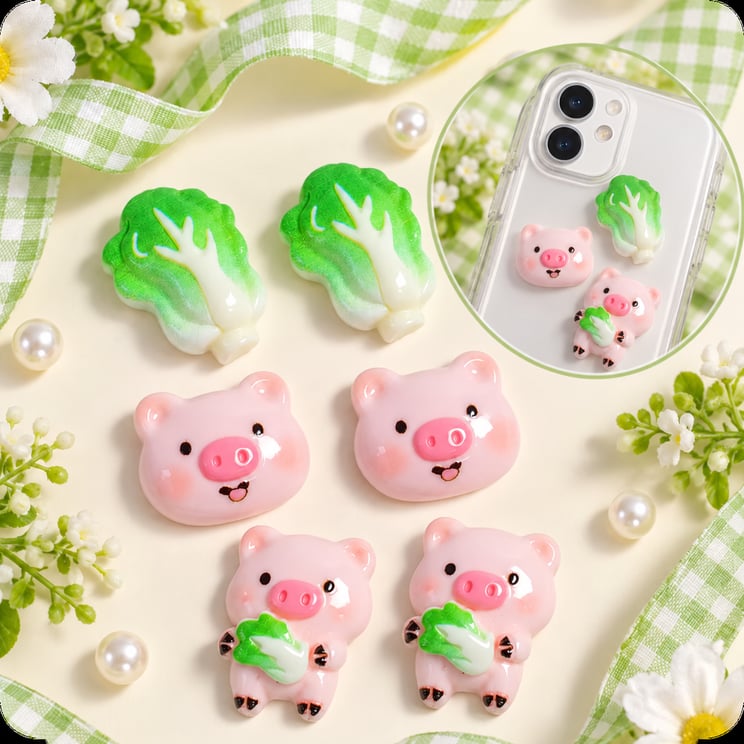 Pig and Cabbage Resin Flatback Charms assortment, product code RW20809