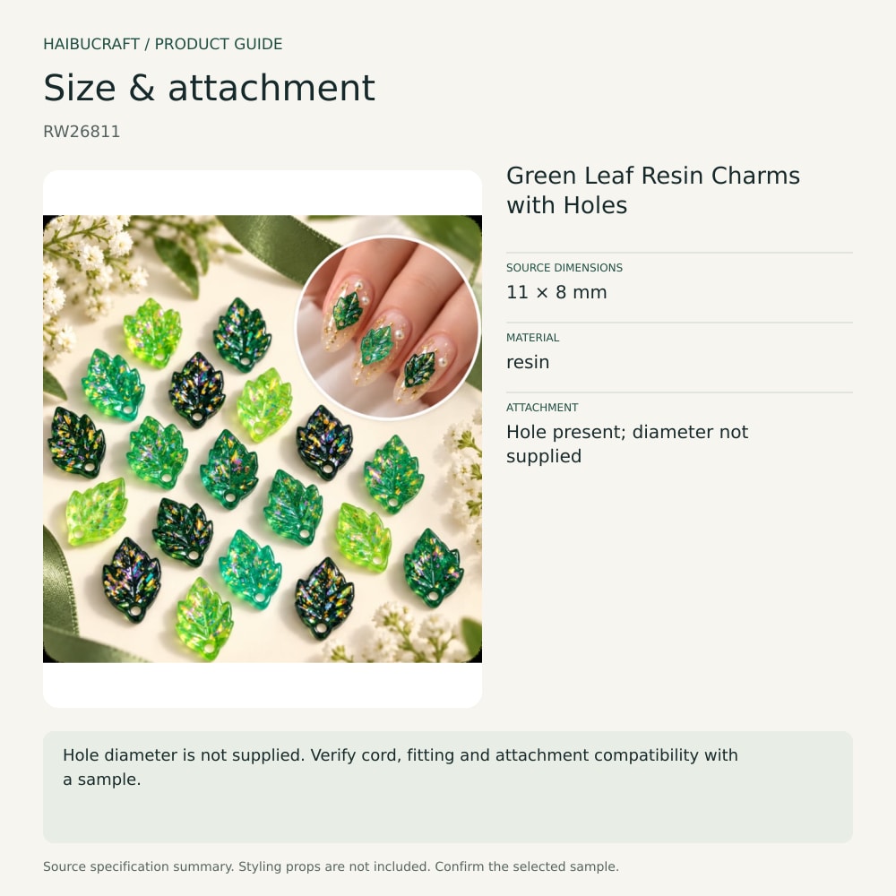 Green Leaf Resin Charms with Holes source specification summary, product code RW26811 thumbnail