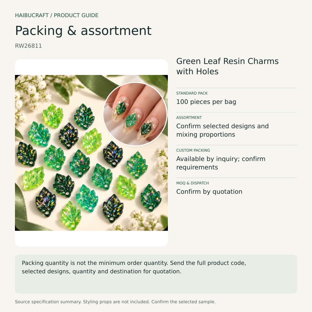 Green Leaf Resin Charms with Holes packing and order brief, product code RW26811 thumbnail