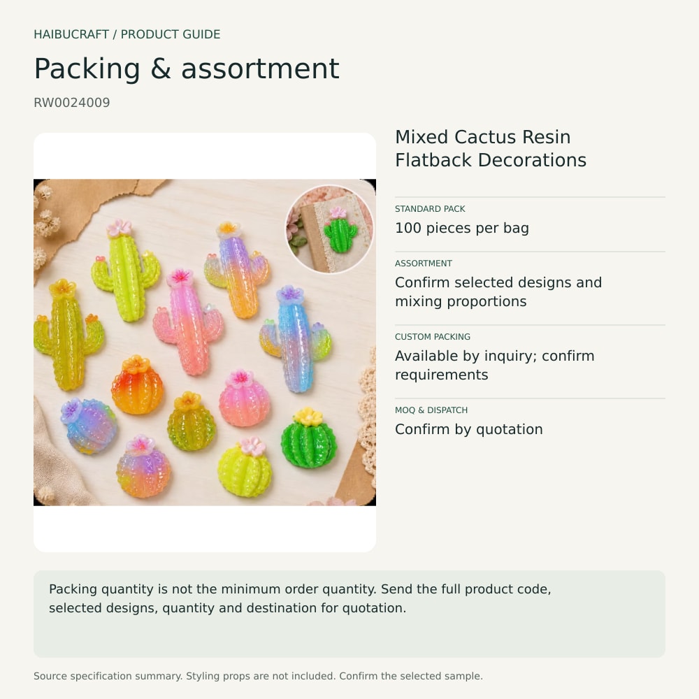 Mixed Cactus Resin Flatback Decorations packing and order brief, product code RW0024009 thumbnail