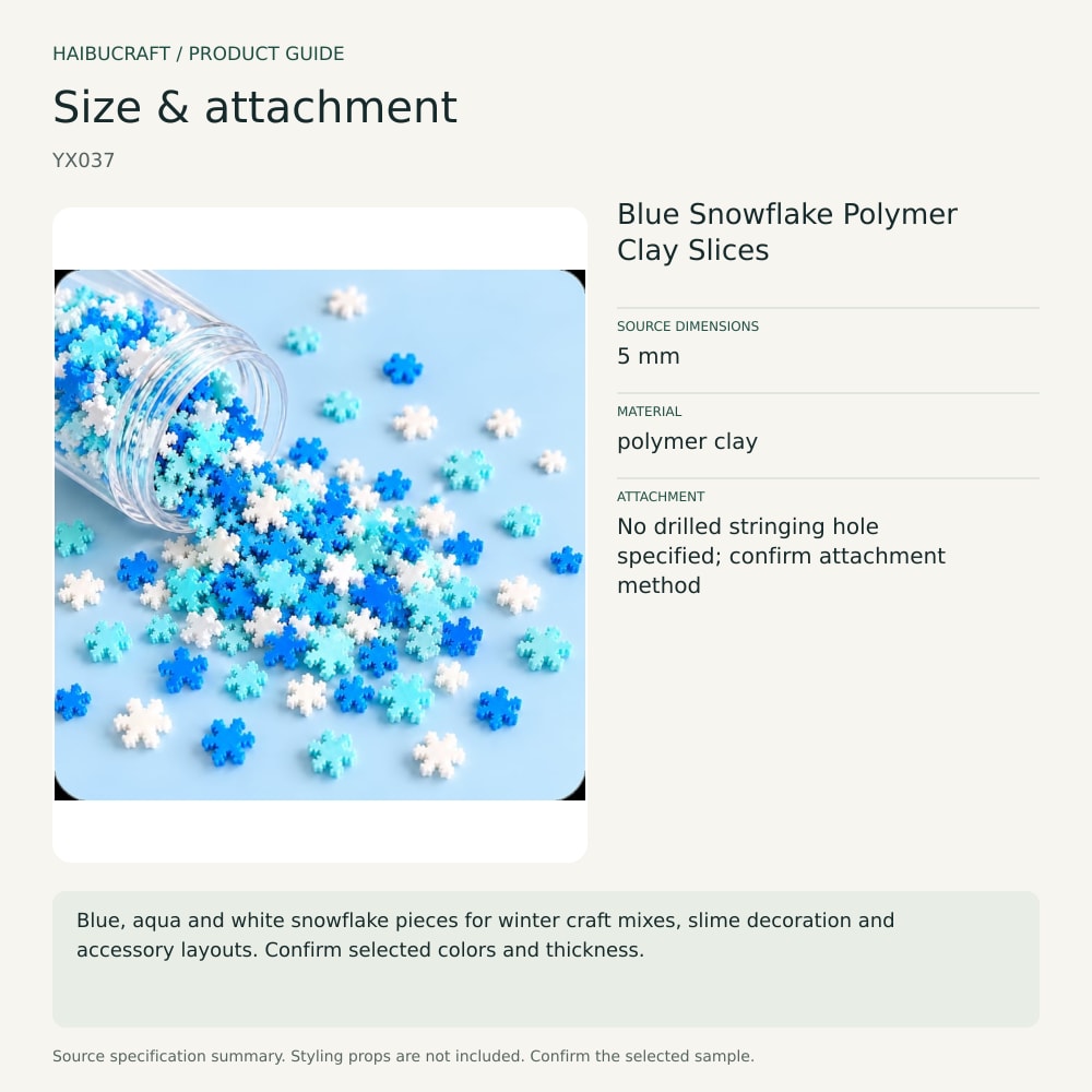 Blue Snowflake Polymer Clay Slices source specification summary, product code YX037 thumbnail