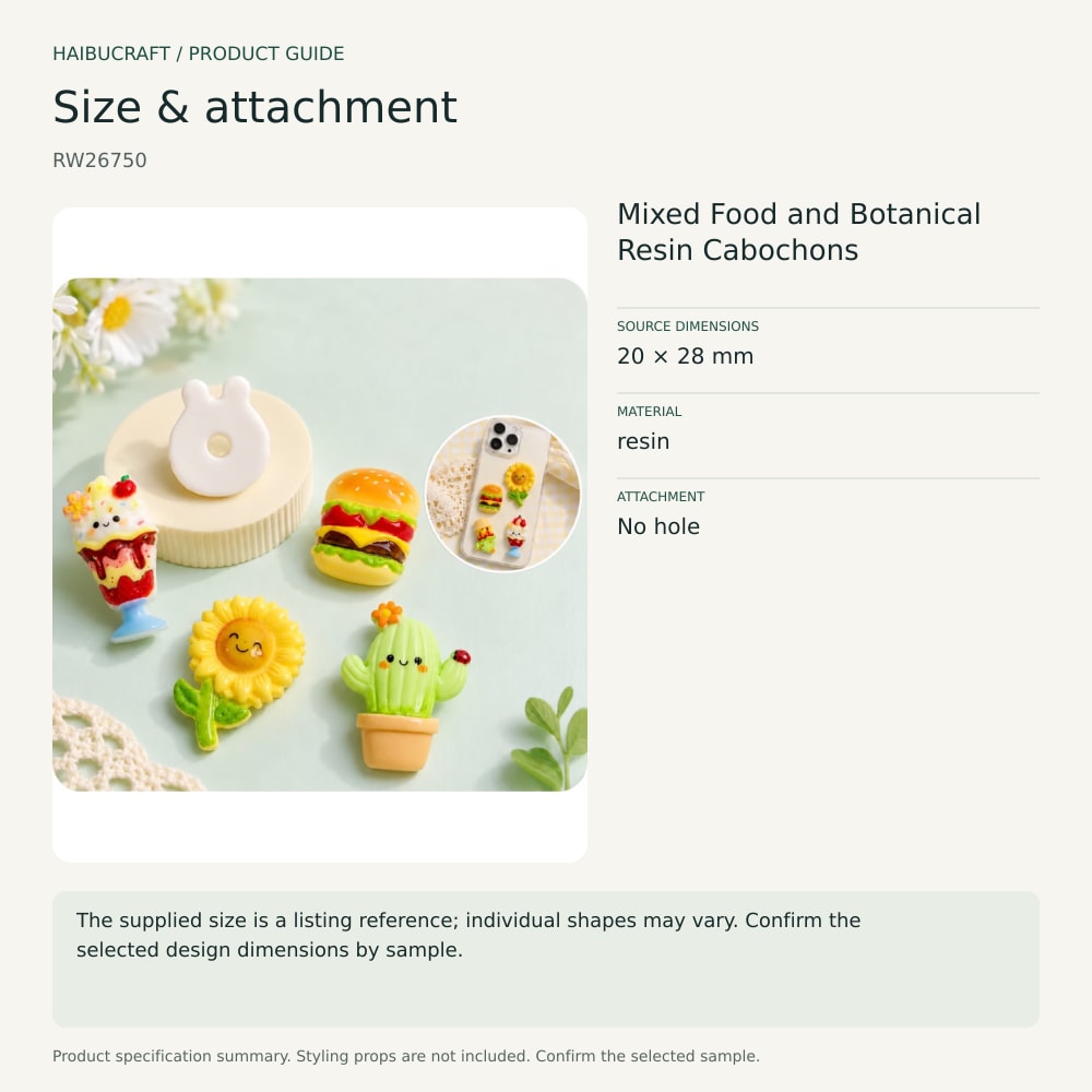 Mixed Food and Botanical Resin Cabochons source specification summary, product code RW26750 thumbnail