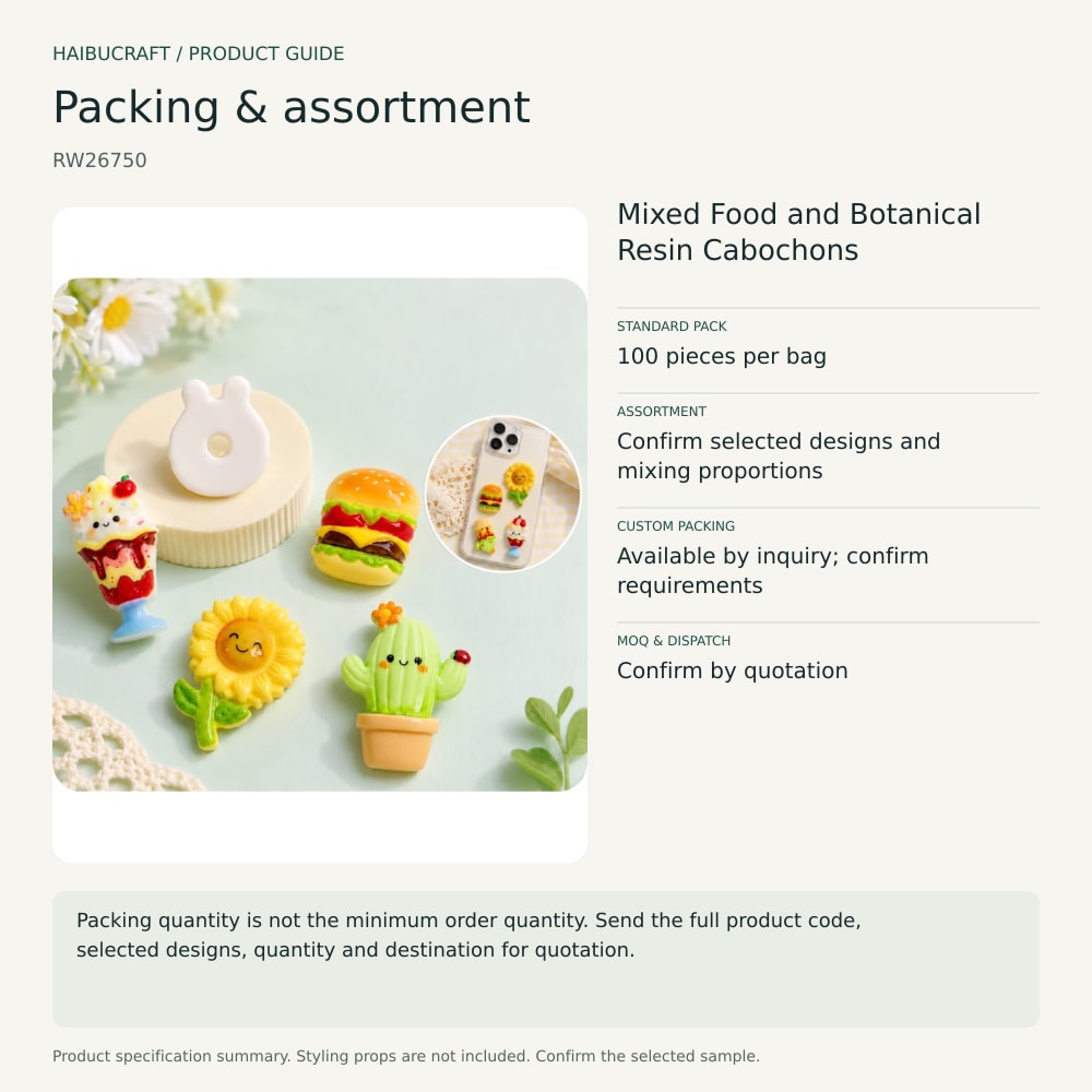 Mixed Food and Botanical Resin Cabochons packing and order brief, product code RW26750 thumbnail