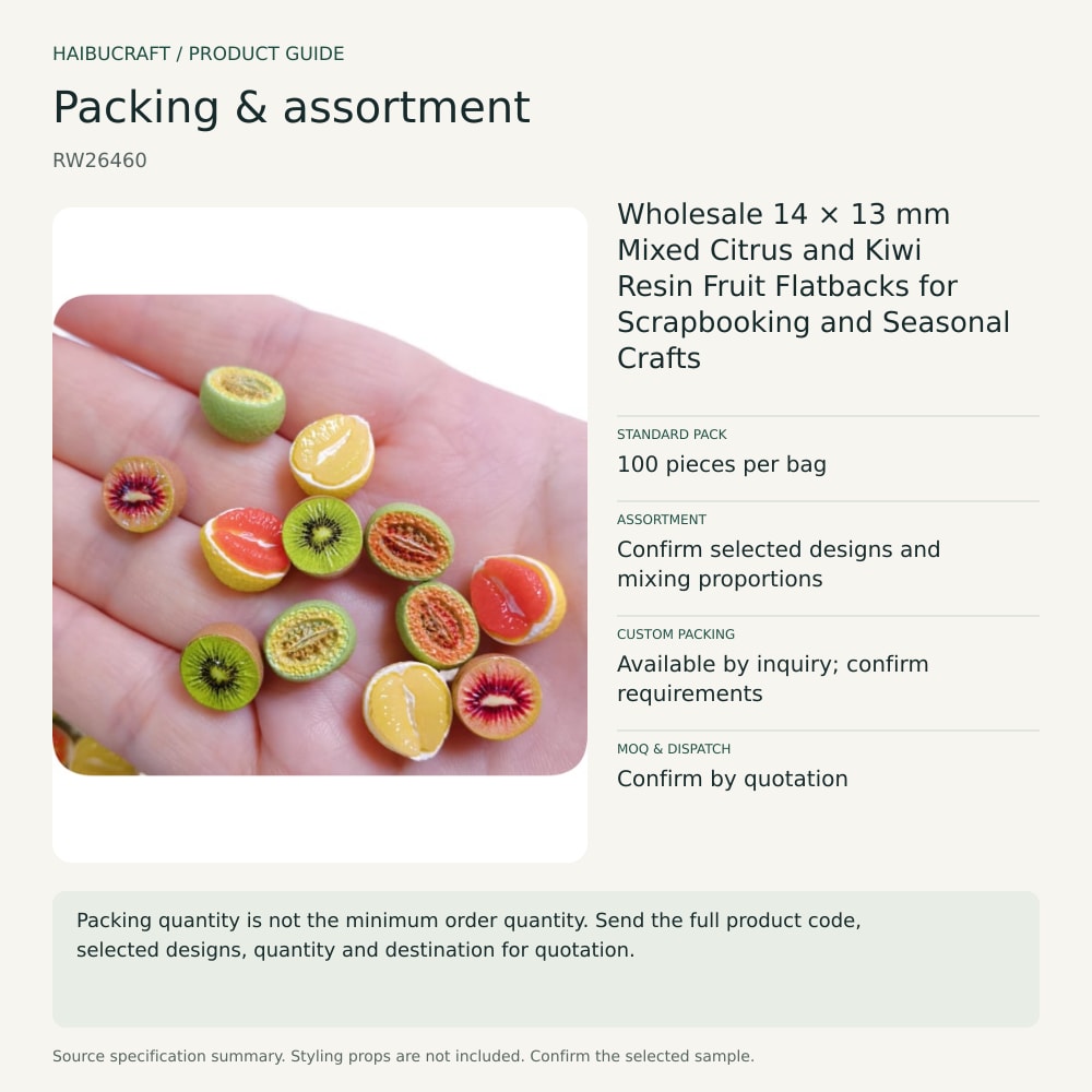 Wholesale 14 × 13 mm Mixed Citrus and Kiwi Resin Fruit Flatbacks for Scrapbooking and Seasonal Crafts packing and order brief, product code RW26460 thumbnail