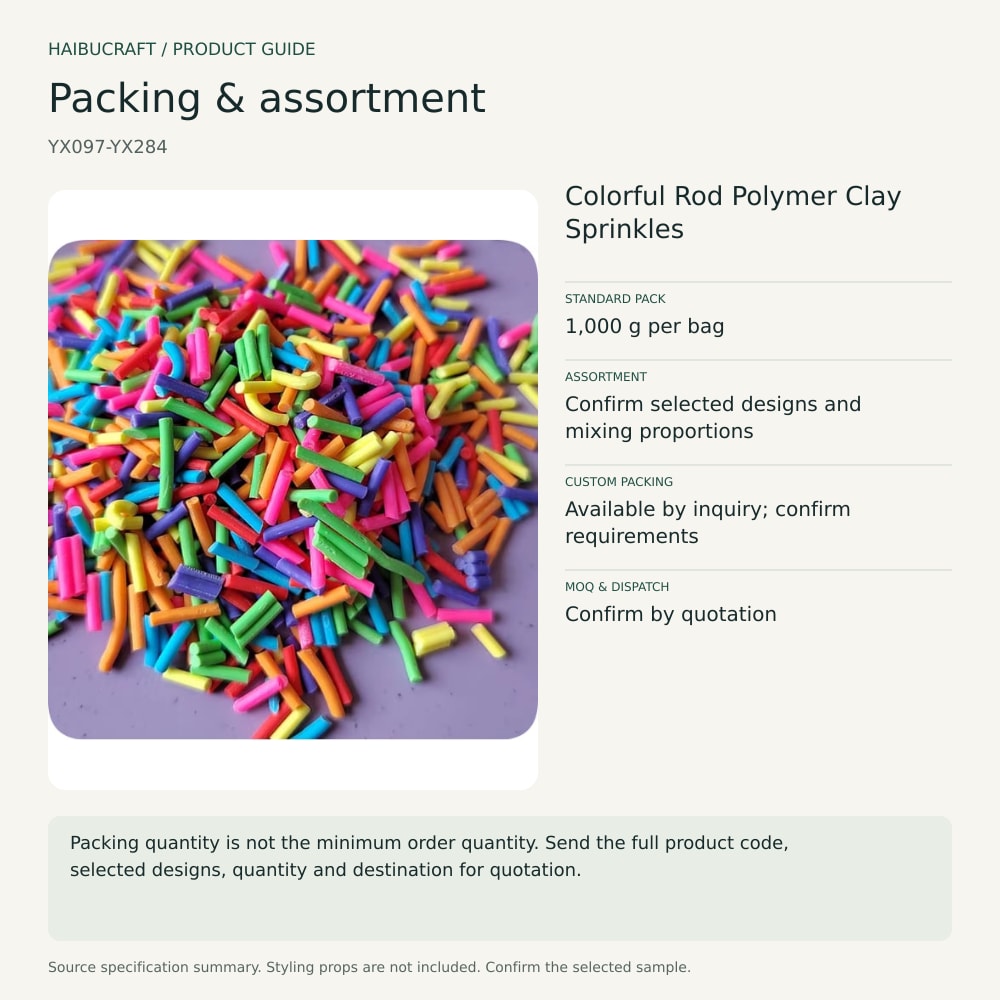 Colorful Rod Polymer Clay Sprinkles packing and order brief, product code YX097-YX284 thumbnail