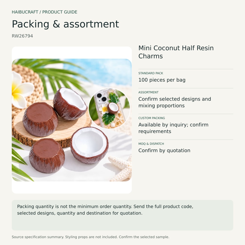 Mini Coconut Half Resin Charms packing and order brief, product code RW26794 thumbnail