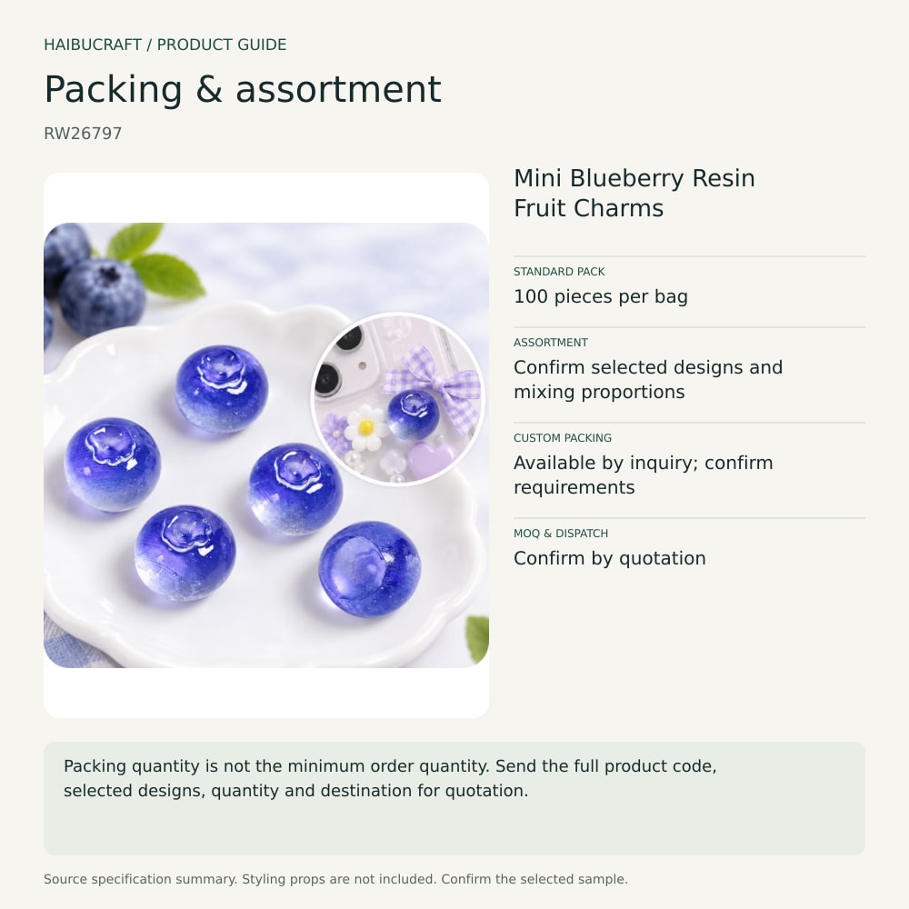Mini Blueberry Resin Fruit Charms packing and order brief, product code RW26797 thumbnail