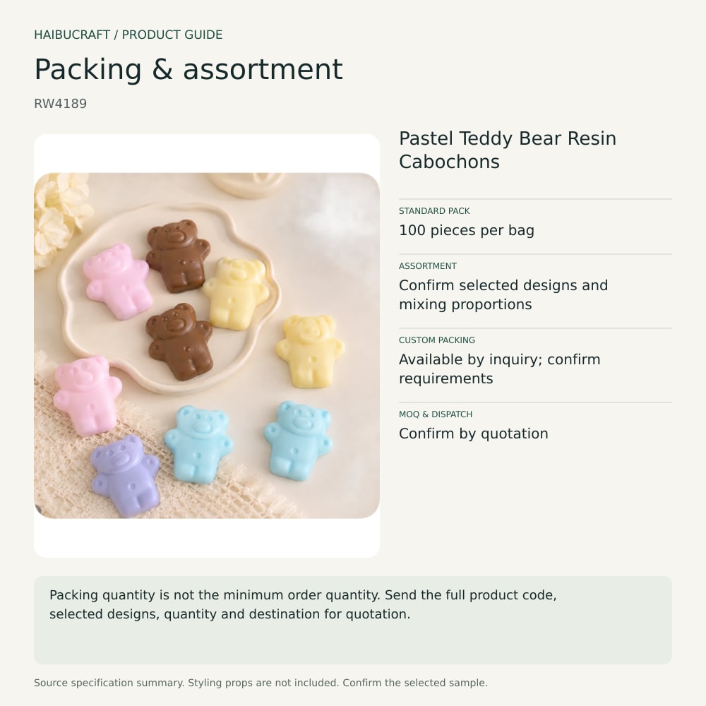 Pastel Teddy Bear Resin Cabochons packing and assortment guide, product code RW4189 thumbnail