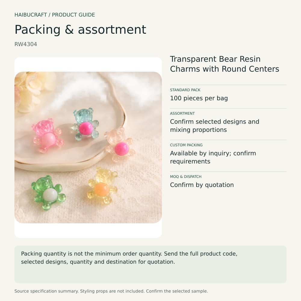 Transparent Bear Resin Charms with Round Centers packing and assortment guide, product code RW4304 thumbnail