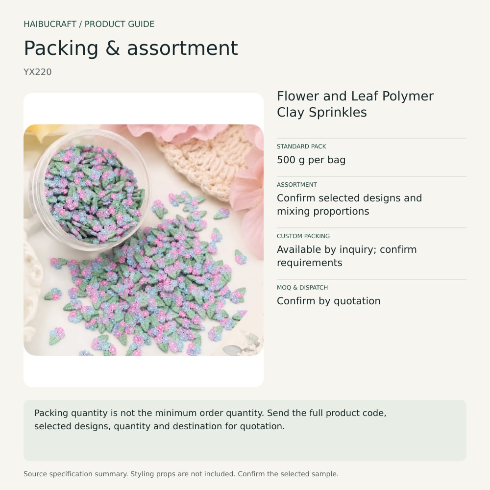 Flower and Leaf Polymer Clay Sprinkles packing and assortment guide, product code YX220 thumbnail