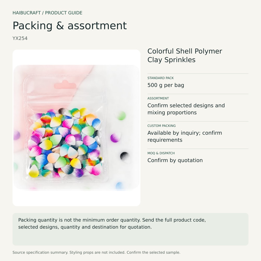 Colorful Shell Polymer Clay Sprinkles packing and assortment guide, product code YX254 thumbnail
