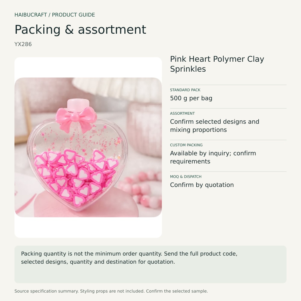 Pink Heart Polymer Clay Sprinkles packing and assortment guide, product code YX286 thumbnail