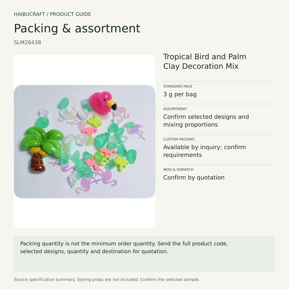 Tropical Bird and Palm Clay Decoration Mix packing and order brief, product code SLM26438 thumbnail