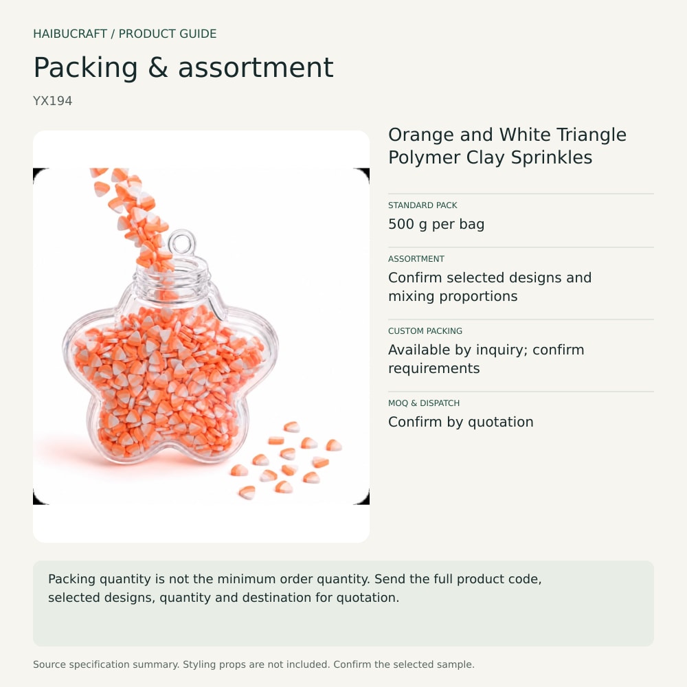 Orange and White Triangle Polymer Clay Sprinkles packing and order brief, product code YX194 thumbnail
