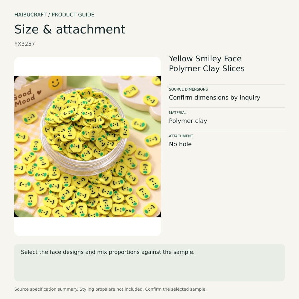 Yellow Smiley Face Polymer Clay Slices source specification summary, product code YX3257 thumbnail