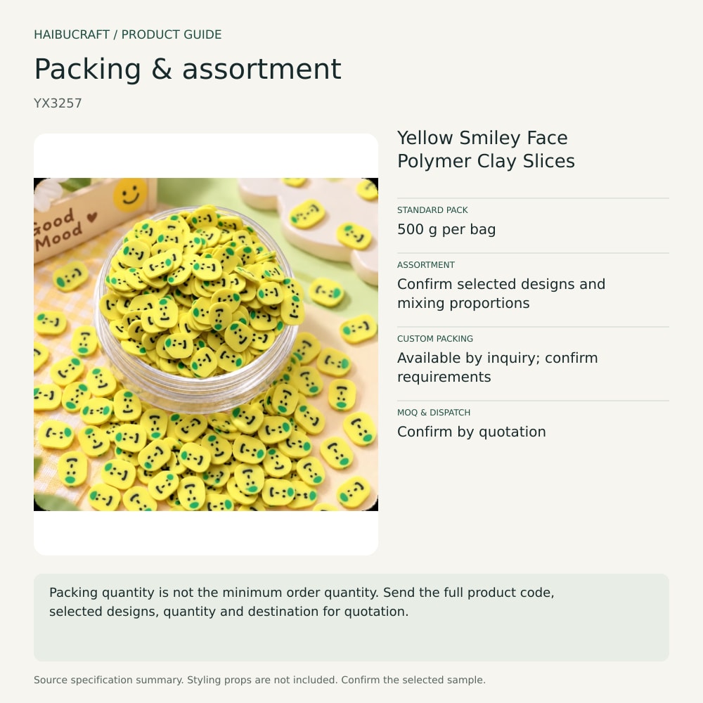 Yellow Smiley Face Polymer Clay Slices packing and order brief, product code YX3257 thumbnail