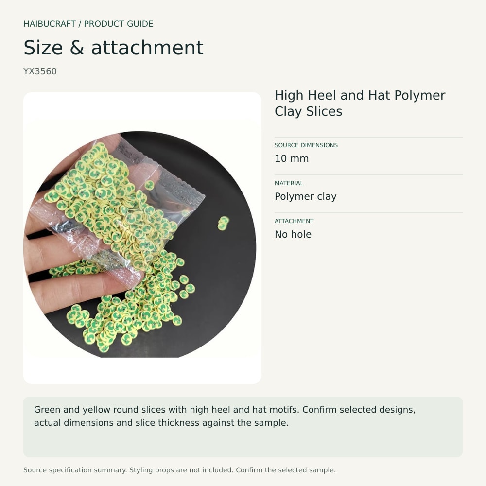 High Heel and Hat Polymer Clay Slices size and material guide, product code YX3560 thumbnail