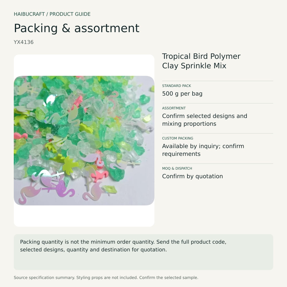Tropical Bird Polymer Clay Sprinkle Mix packing and order brief, product code YX4136 thumbnail