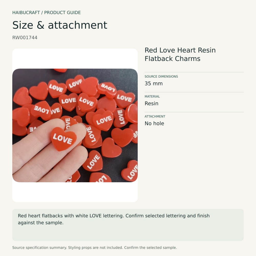 Red Love Heart Resin Flatback Charms size and material guide, product code RW001744 thumbnail