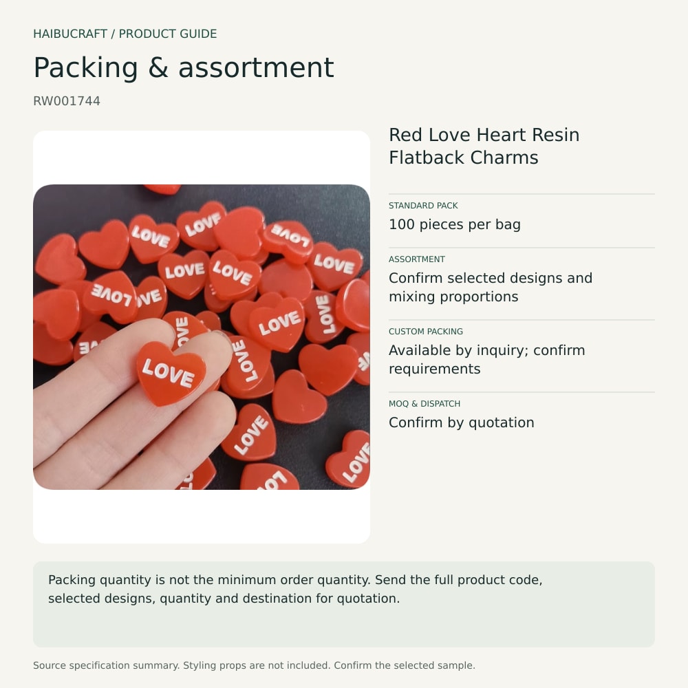 Red Love Heart Resin Flatback Charms packing and assortment guide, product code RW001744 thumbnail
