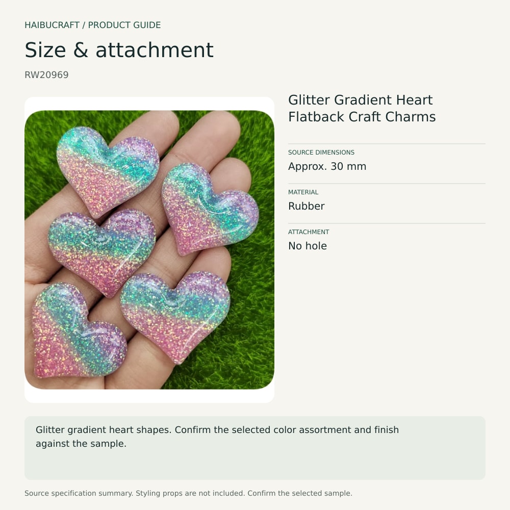 Glitter Gradient Heart Flatback Craft Charms size and material guide, product code RW20969 thumbnail