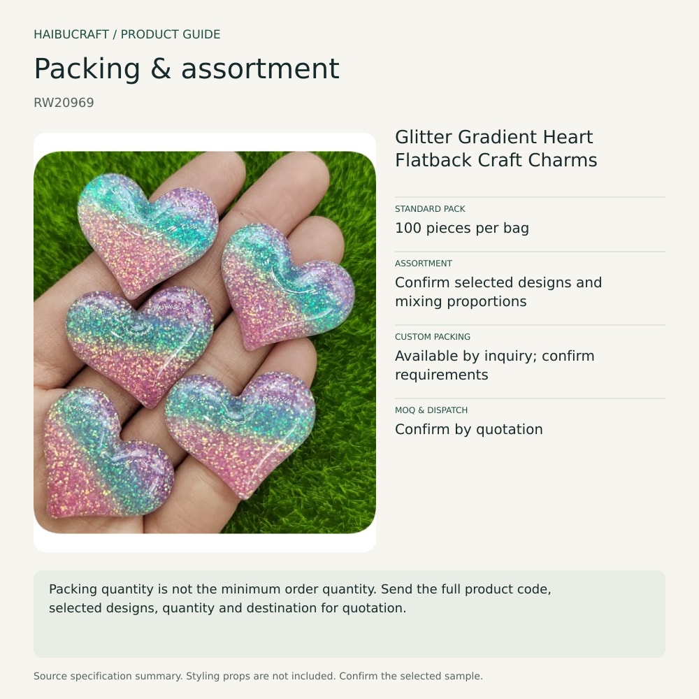 Glitter Gradient Heart Flatback Craft Charms packing and assortment guide, product code RW20969 thumbnail
