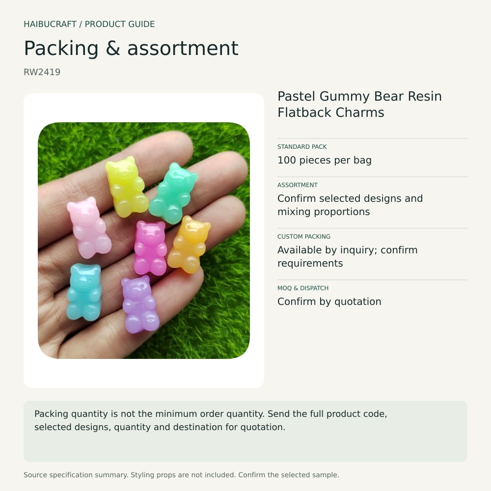 Pastel Gummy Bear Resin Flatback Charms packing and assortment guide, product code RW2419 thumbnail