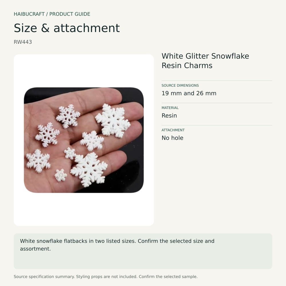 White Glitter Snowflake Resin Charms size and material guide, product code RW443 thumbnail