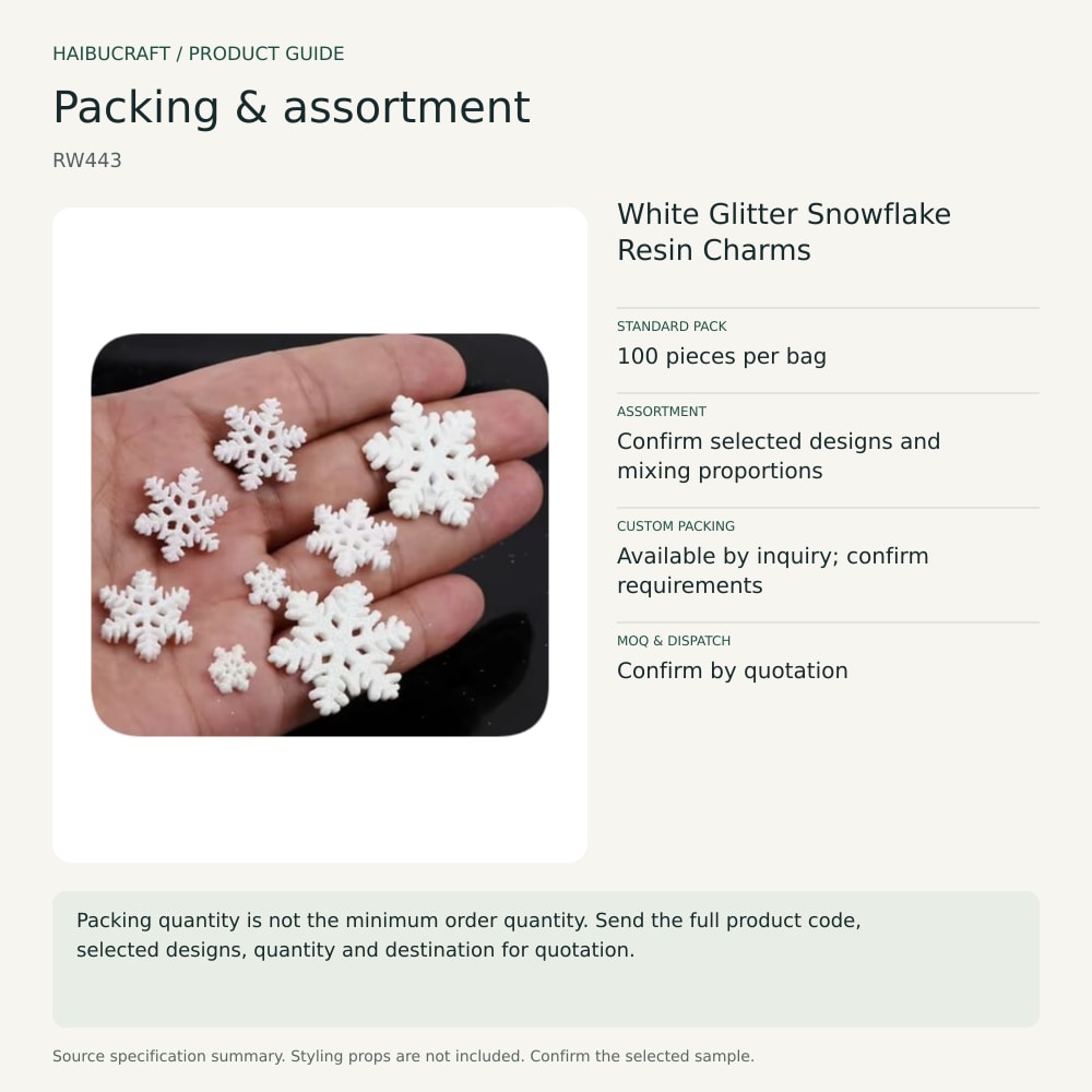 White Glitter Snowflake Resin Charms packing and assortment guide, product code RW443 thumbnail