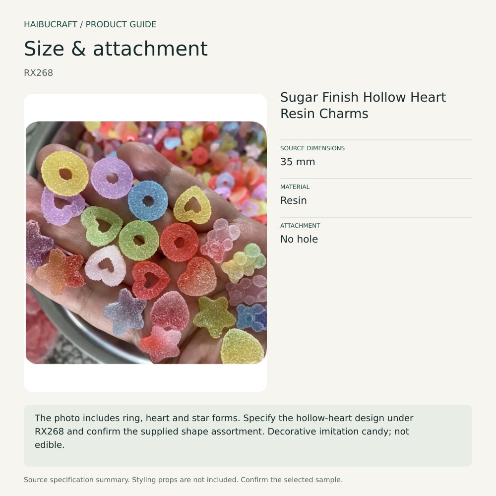 Sugar Finish Hollow Heart Resin Charms size and material guide, product code RX268 thumbnail