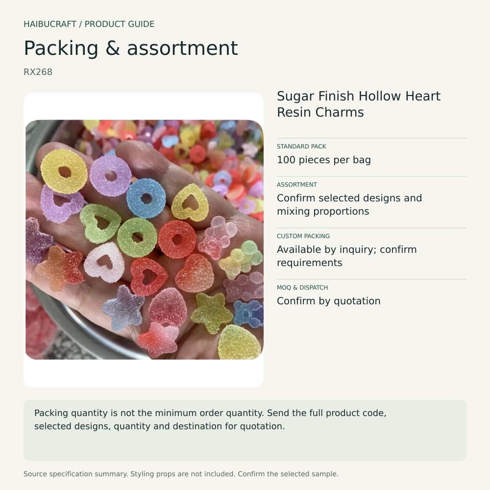 Sugar Finish Hollow Heart Resin Charms packing and assortment guide, product code RX268 thumbnail
