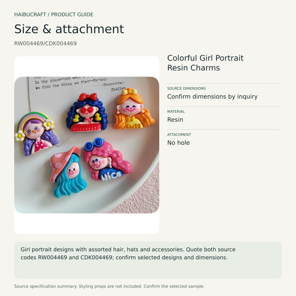 Colorful Girl Portrait Resin Charms size and material guide, product code RW004469/CDK004469 thumbnail
