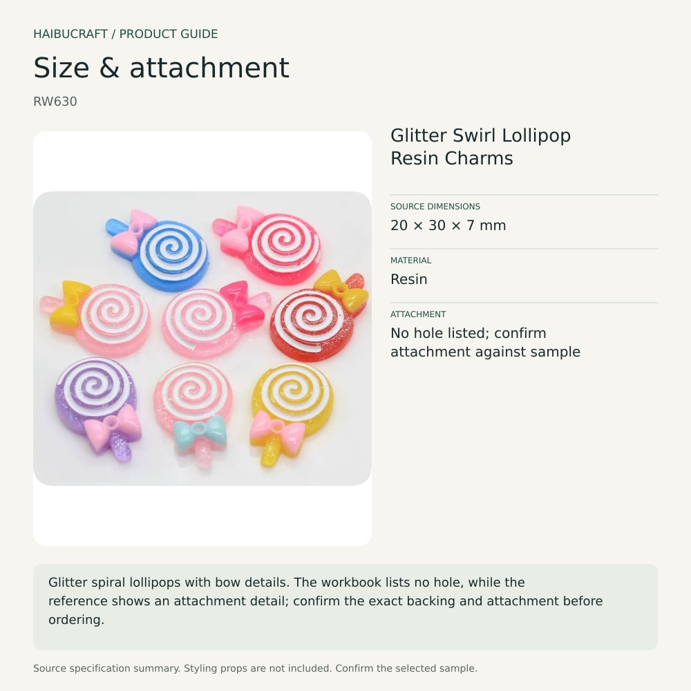 Glitter Swirl Lollipop Resin Charms size and material guide, product code RW630 thumbnail