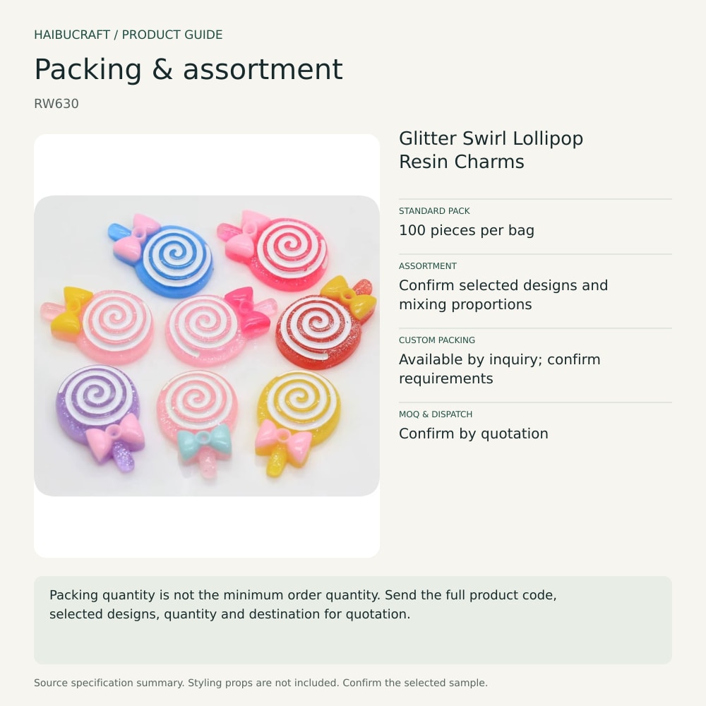 Glitter Swirl Lollipop Resin Charms packing and assortment guide, product code RW630 thumbnail