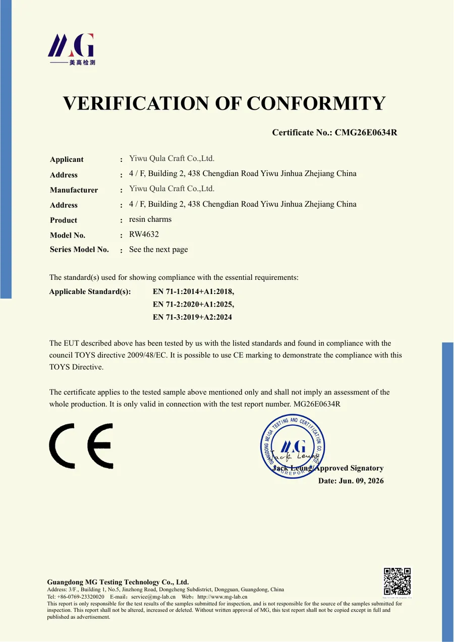 EN 71 verification of conformity for resin charms