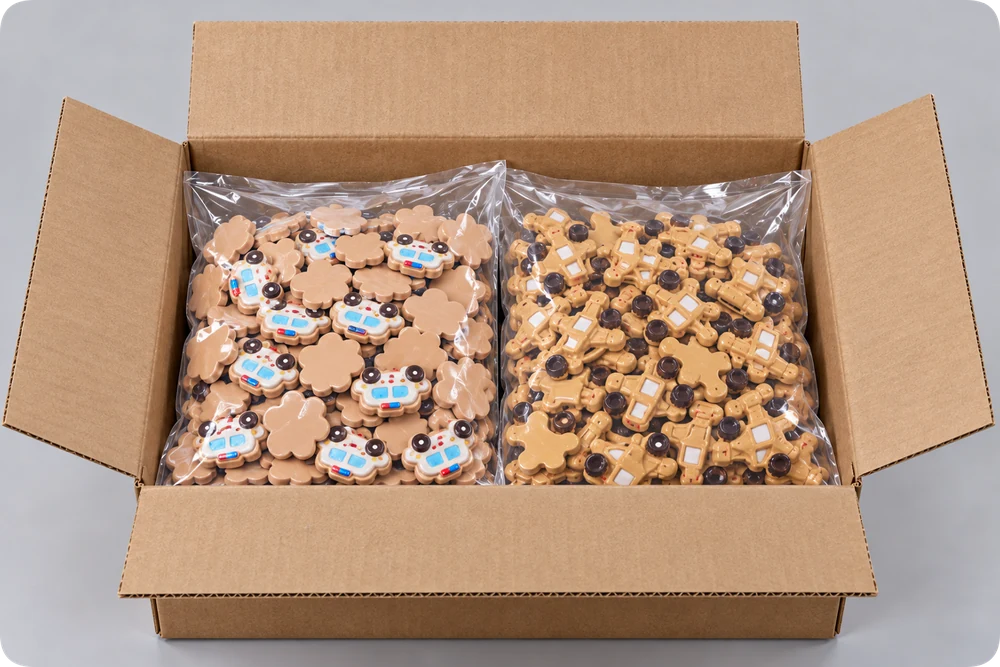 Bagged resin components grouped inside a shipping carton